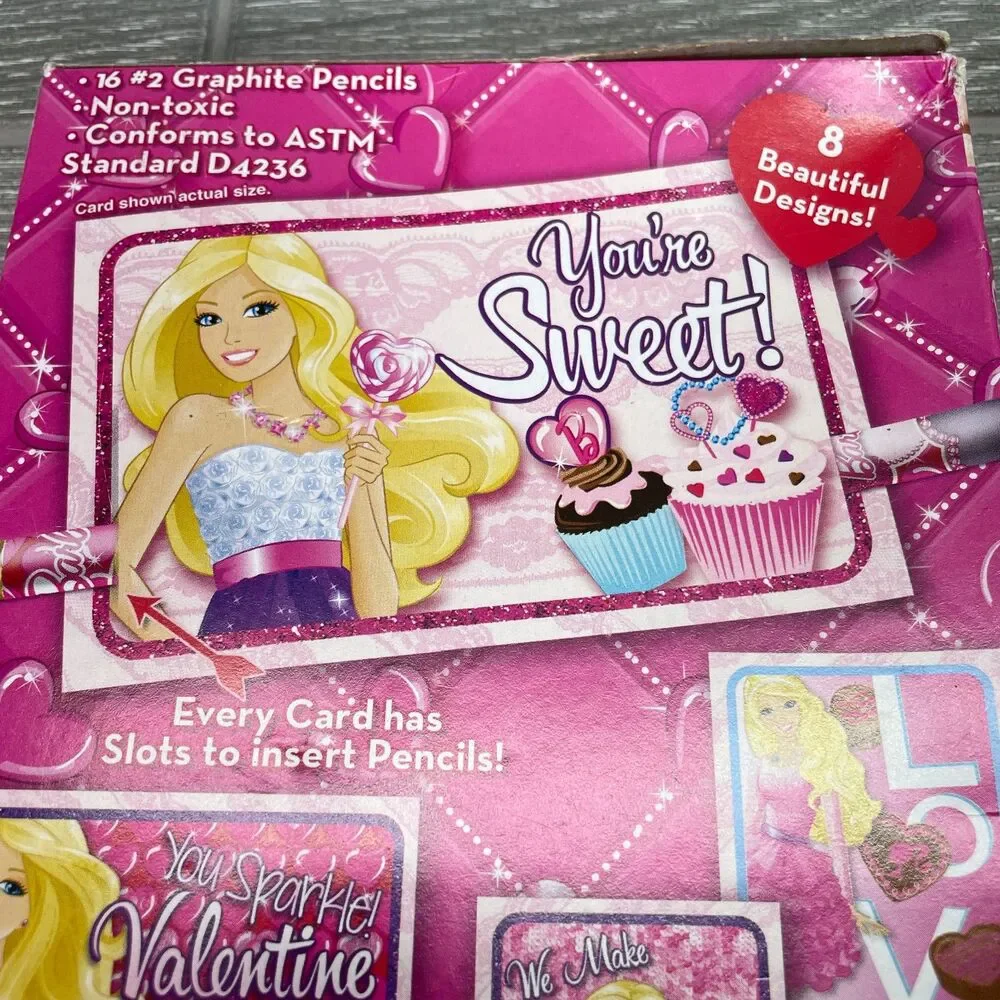 2013 Mattel Barbie 16 Valentines with Pencils Pink Cute Sweet Love ONE NEW BOX